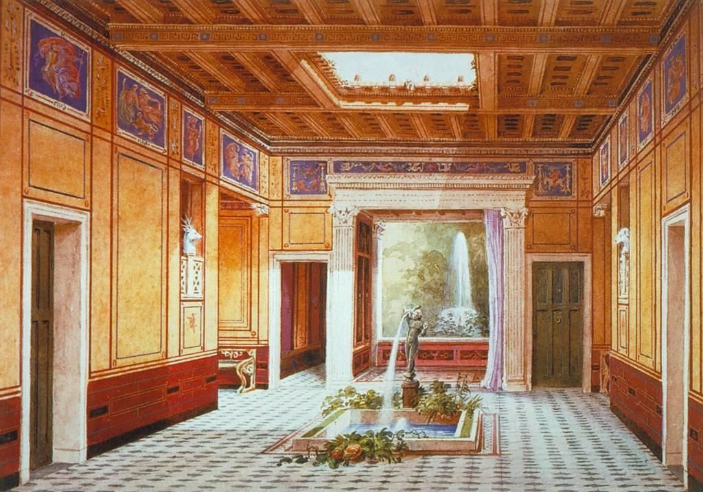 Interior of a luxurious Roman insula featuring marble floors, decorated walls, furnishings, and spacious rooms
