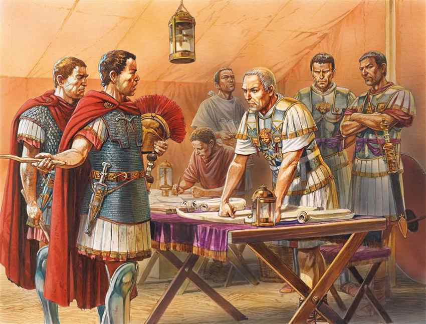 Drawing of Julius Caesar studying maps and planning his next military move