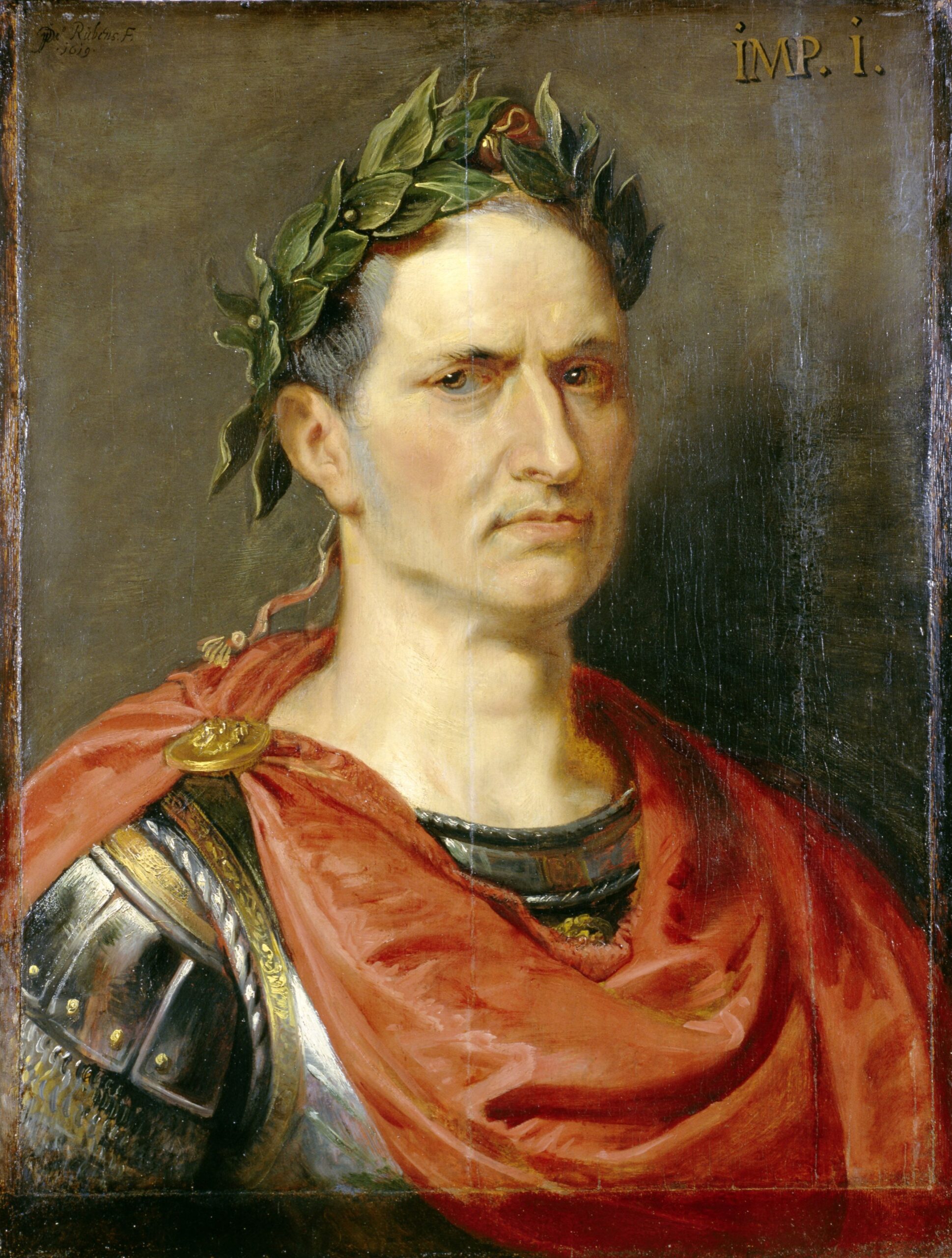 Painting depicting Julius Caesar in traditional Roman military and political attire