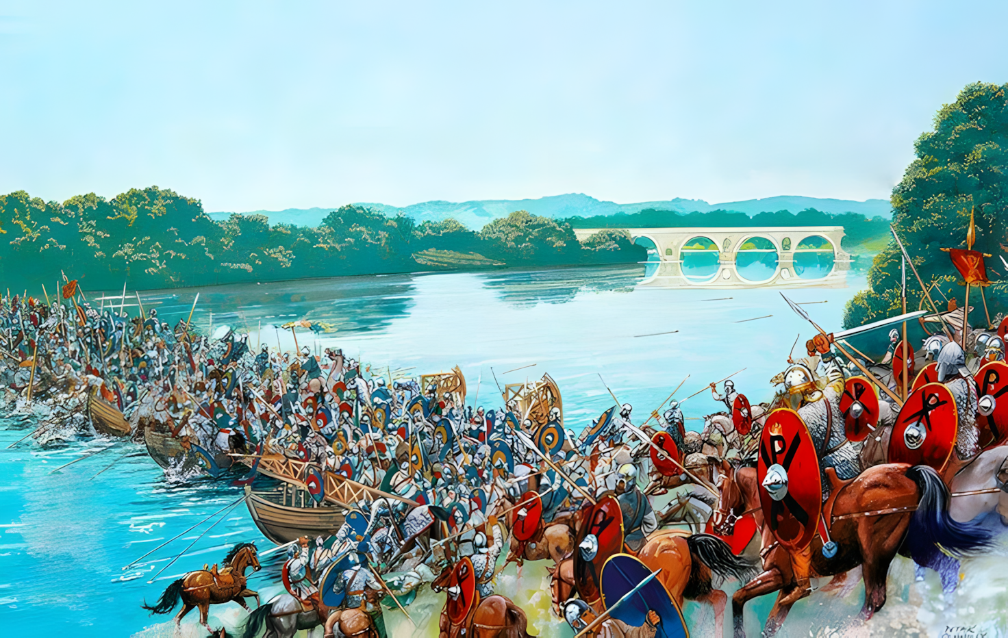 Late Roman soldiers fighting across a military-built wooden bridge during an ancient battle