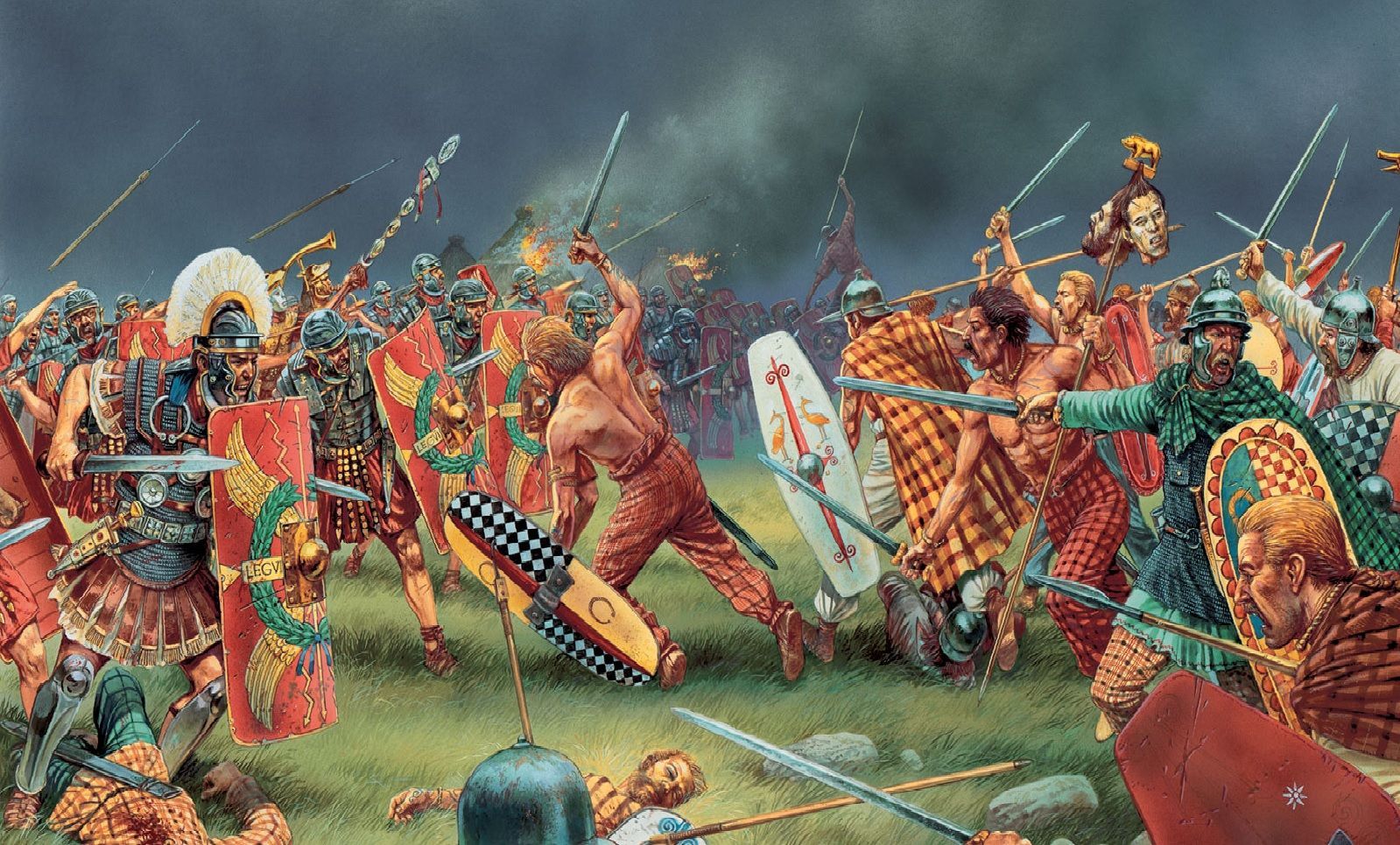 Roman legionaries and Gallic warriors charging toward each other in an open battlefield during Caesar’s conquest of Gaul