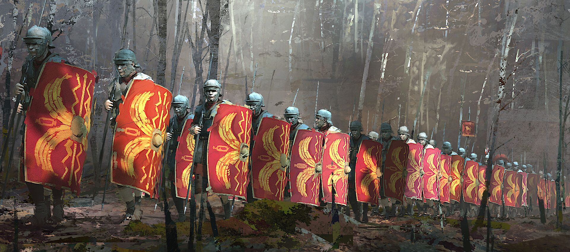 Roman legionaries marching through a dense, harsh forest during a difficult ancient military campaign