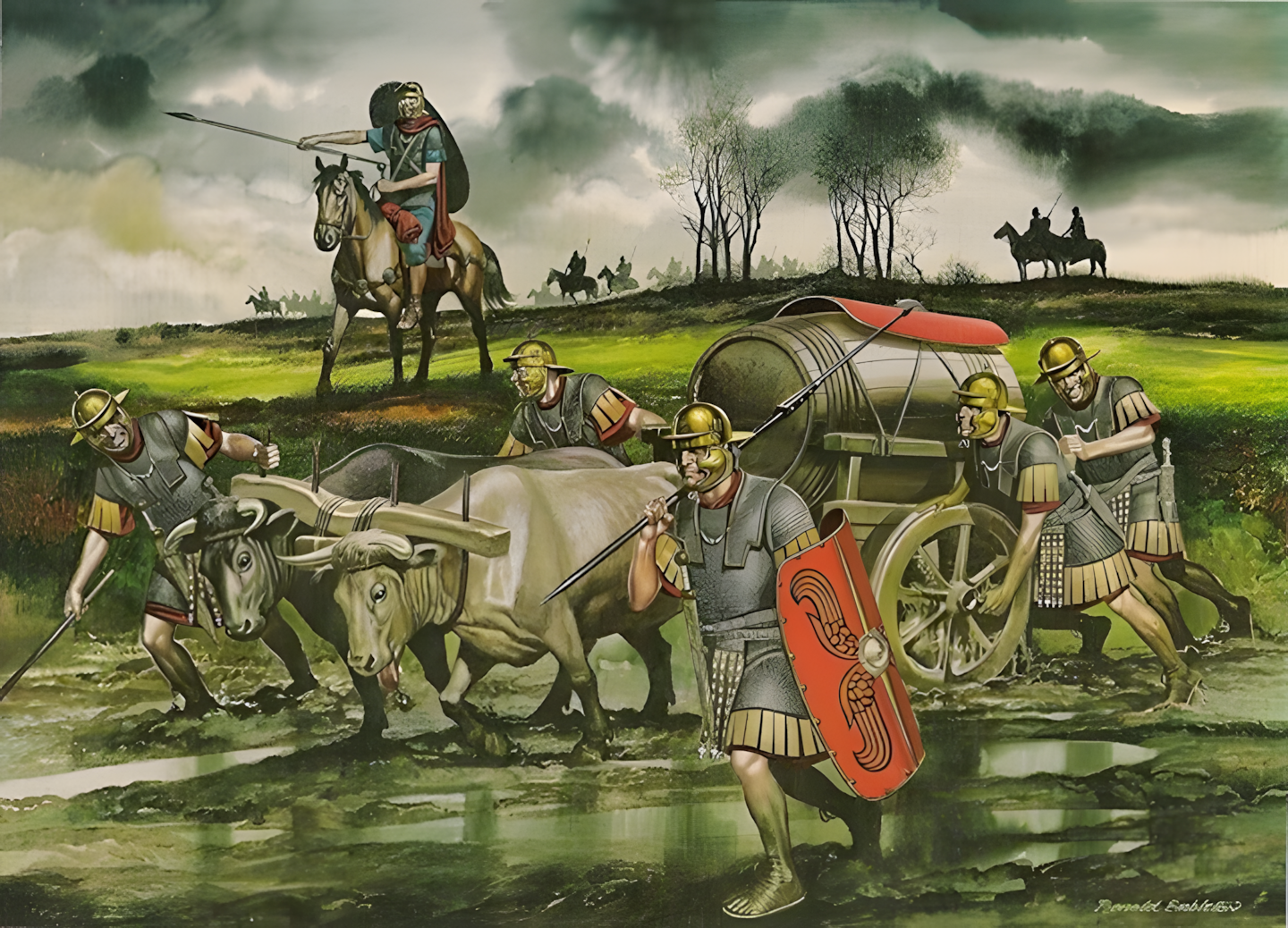 Roman supply wagon guarded by legionaries while transporting provisions and equipment during an ancient military campaign