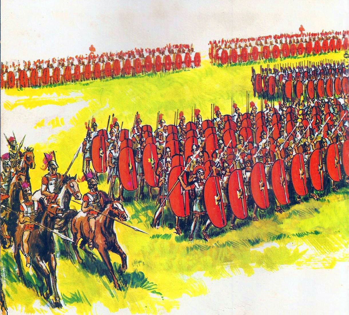 Roman legionaries practicing coordinated battle drills with shields, swords, and disciplined formations