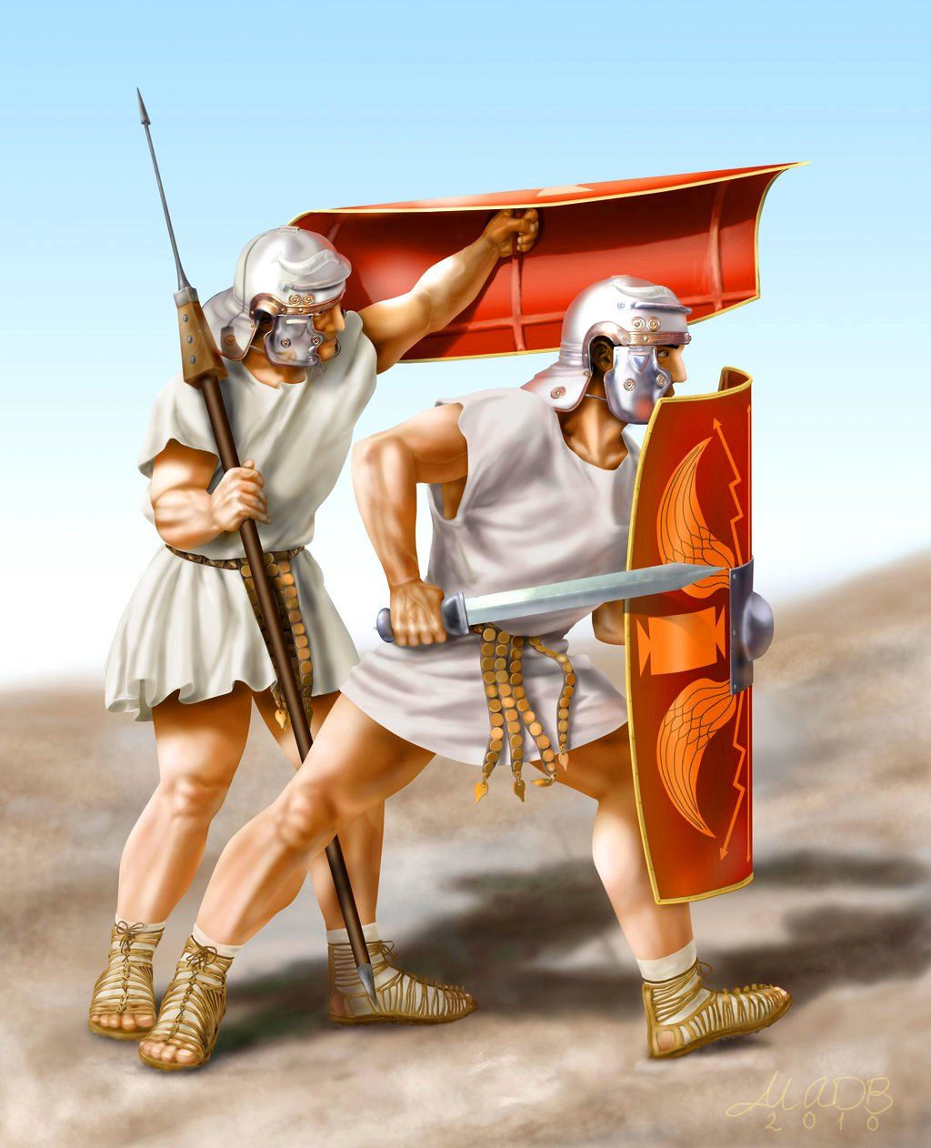 Two Roman legionaries practicing the testudo formation with overlapping shields during military training