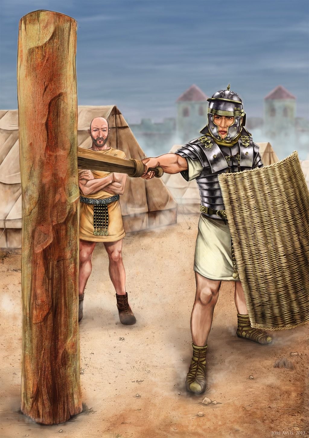 Roman legionary practicing against a wooden training post with a wooden sword and shield