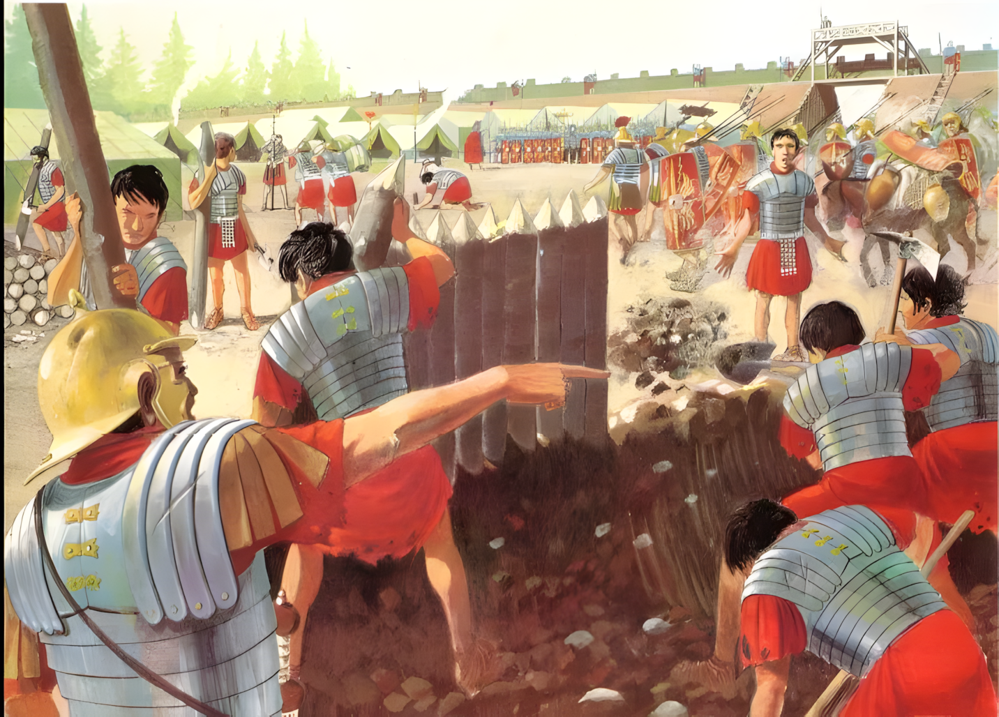 Roman legionaries building a fortified marching camp as part of their military training and daily discipline