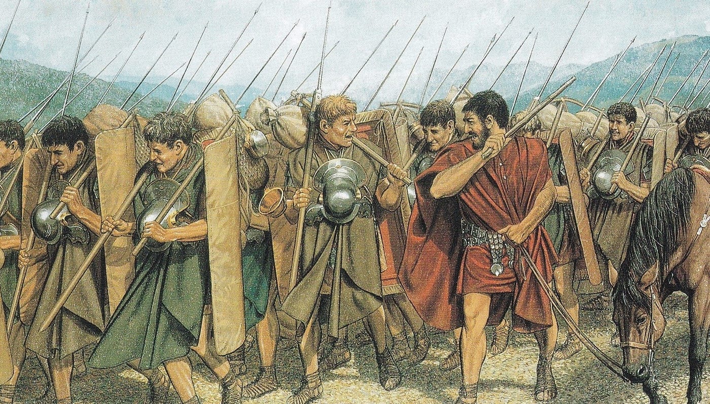 Roman legionaries marching in formation as part of their military training and daily discipline