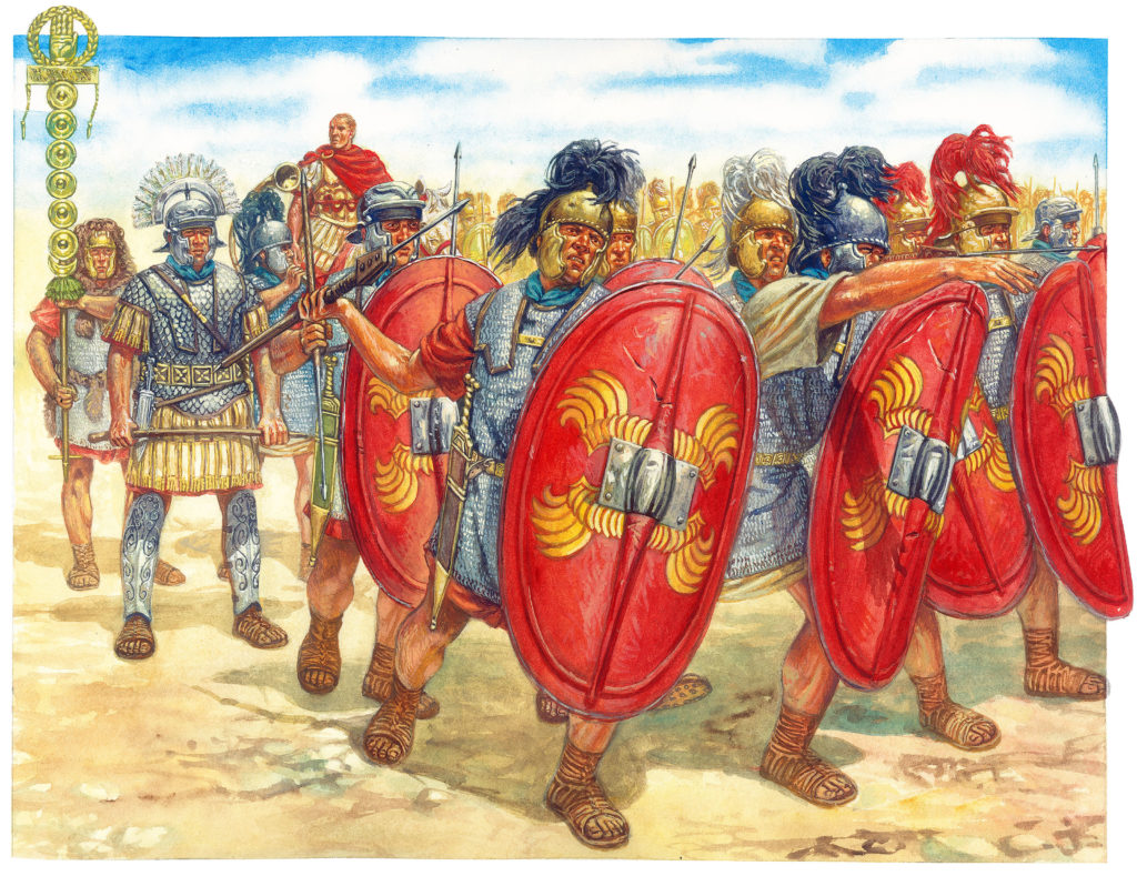 Roman legionaries training to throw their pila accurately at practice targets during military exercises