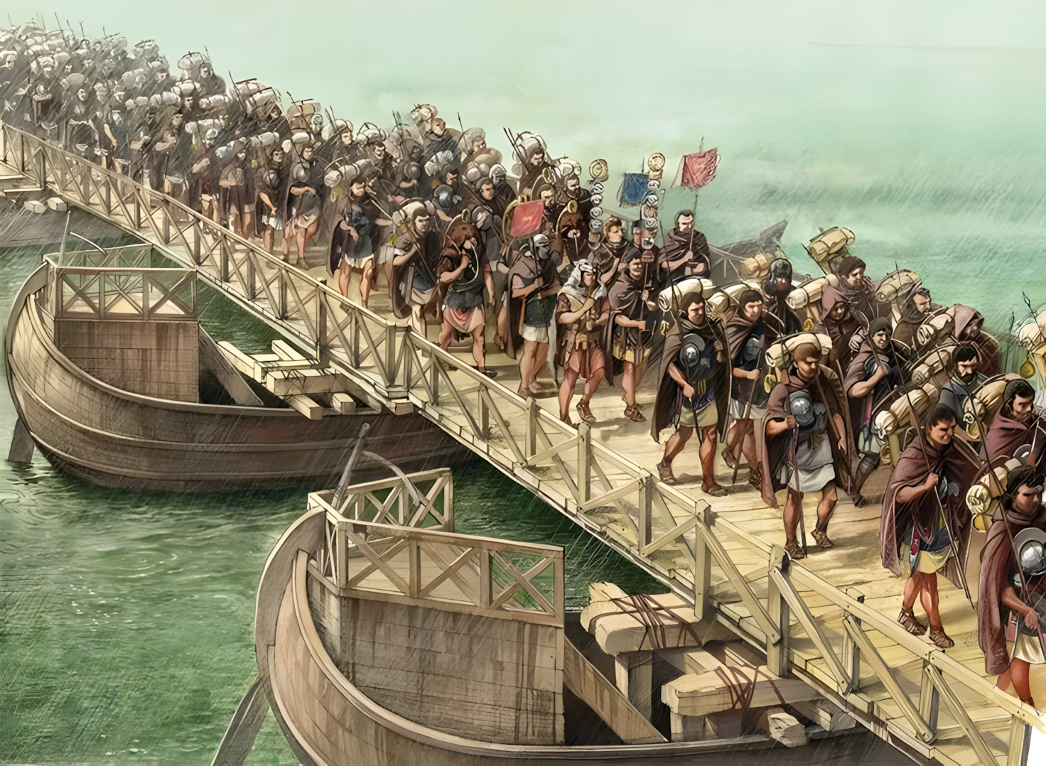 Roman legionaries marching across a wooden military bridge during an ancient campaign over a river