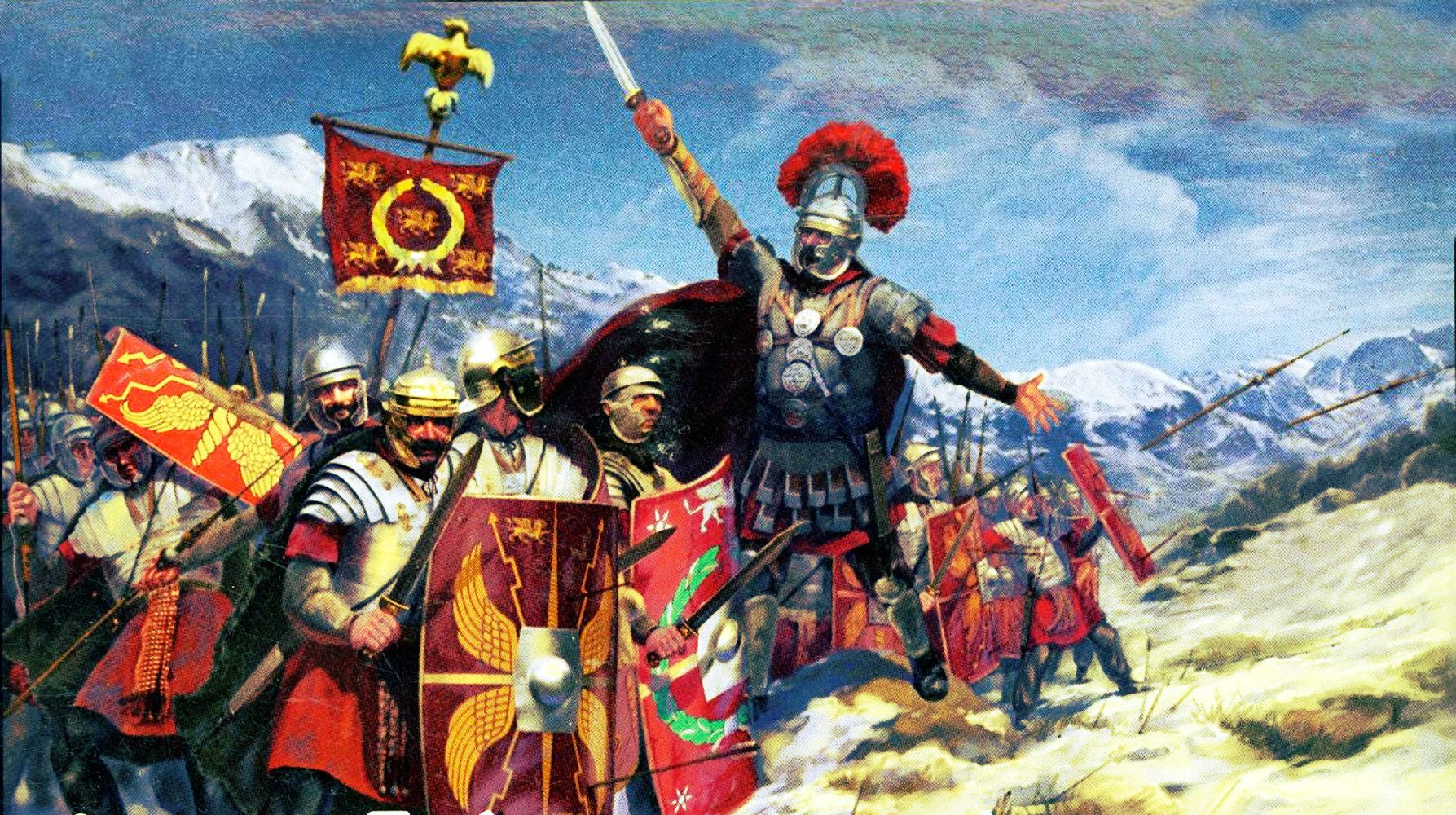 Roman centurion urging his legionaries onward as they cross difficult mountains during an ancient military campaign