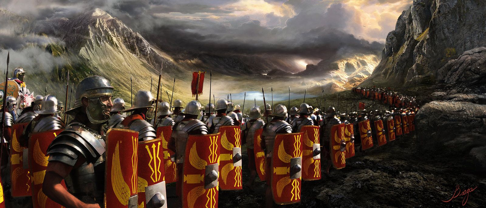 Roman legionaries marching through the snowy Alps during an ancient military campaign
