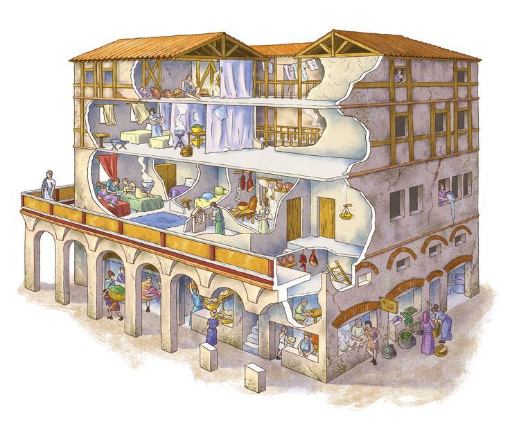 Cutaway Roman insula showing different rooms, apartments, shops, kitchens, courtyards, stairways, and their uses