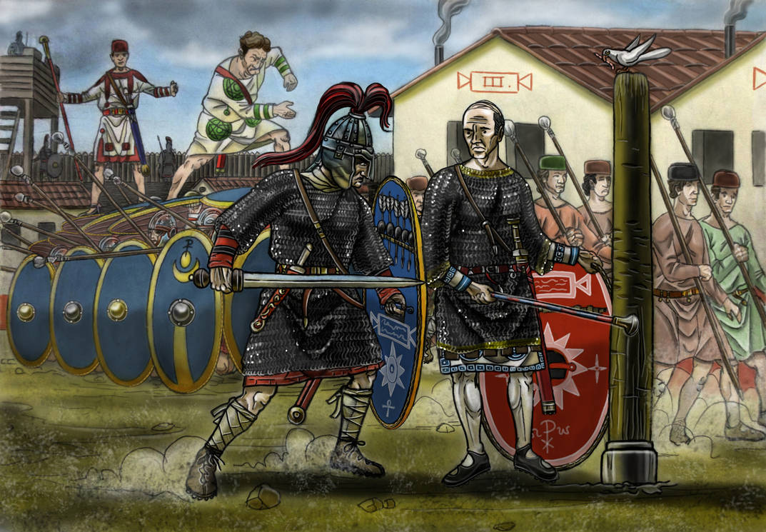 Late Roman soldiers training in a military camp, practicing formations, weapons, and battlefield exercises